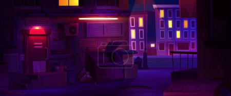 Illustrazione per Backstreet della città di notte con illuminazione fioca. Illustrazione del cartone animato vettoriale del vicolo buio tra edifici urbani moderni, bidoni dei rifiuti, sacchi della spazzatura, scatole di cartone a terra, luci luminose della città nelle finestre - Immagini Royalty Free