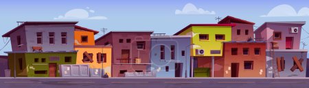 Arme Ghettostadt mit Slumhausbau-Vektorhintergrund. Karikatur indisches Dorfviertel mit Favela und kaputten verlassenen Behausungen außen. Verwässertes Stadtbild mit Müll