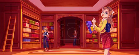 Illustration for School library room with bookshelf and student vector cartoon illustration. Book store office interior with wood shelf furniture, carpet and ladder. Classic college education and knowledge concept - Royalty Free Image