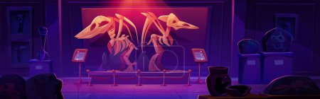 Ilustración de Esqueleto fósil de dinosaurio pterodáctilo en ilustración de dibujos animados vectoriales de museo. El hueso y el cráneo del animal Dino exhiben en el pedestal en la sala del pasillo con el foco rojo. Galería de paleontología prehistórica interior - Imagen libre de derechos