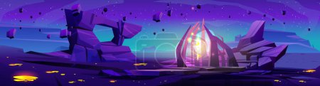 Portal on night space planet vector landscape background. Yellow gate with magic extraterrestrial sparkle in fantasy cosmic game location. Dark rock terrain with puddle glow light and floating stone
