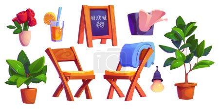 Téléchargez les illustrations : Meubles et accessoires de café extérieur mis isolé sur fond blanc. Illustration vectorielle de chaises en bois, tableau noir de bienvenue, plantes vertes, ampoule, fleurs dans un vase, verre de limonade - en licence libre de droit