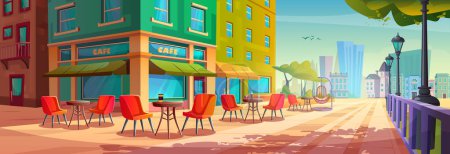 Outdoor city street summer cafe exterior cartoon vector illustration. Outside restaurant terrace with table, hammock chair near urban park. Public cafeteria in town building with cityscape landscape