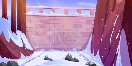 Téléchargez les illustrations : Mur de briques en arrière-plan vectoriel de forêt d'hiver. Jardin gelé avec viaduc en pierre ou pont avec balustrade nature fond d'écran. Environnement zone de jeu emplacement avec clôture en maçonnerie et neige blanche, faisceau lumineux - en licence libre de droit