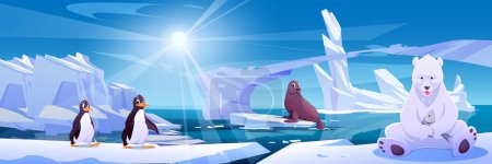 Bär auf Eisberg in der Nähe von Pinguin und Robbe arktische Landschaft. Im Winter gefrorenes Eis mit tierischem Hintergrund. Eiskaltes Meerwasser in der Nähe von Frost Berg Fantasy-Spiel Szene Cartoon-Illustration des sonnigen Tages.