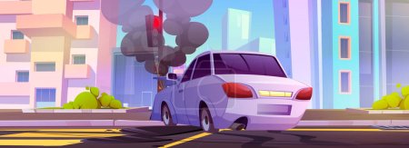 Illustration for Car crash red traffic light pole on city street vector cartoon illustration. Auto drive speed and accidental damage on highway with bumper on pillar. Smoke and broke front automobile need repair - Royalty Free Image