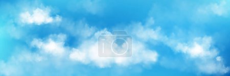 Realistic blue sky with white clouds. Vector illustration of summer day cloudscape, transparent fog or smoke texture, condensate evaporation, gas emission in air. Abstract background, weather forecast