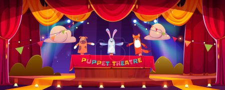 Illustration for Puppet theater child show stage vector background. Kid theatre with marionette and hand toy funny scene cartoon illustration. Rabbit, fox and bunny childish animal character performance entertainment - Royalty Free Image