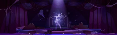 Illustration for Abandoned theatre ballet stage and ballerina ghost performance background. Theater curtain with spotlight on dead girl dance scene illustration. Broken and messy dancing hall interior with spider web - Royalty Free Image