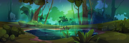 Bosque verde con fondo de paisaje vectorial de dibujos animados de lluvia. Bosque escena de la naturaleza con estanque en el entorno del parque de fantasía. Bosque caducifolio salvaje y oscuro vista con diseño de fondo de pantalla de lluvia