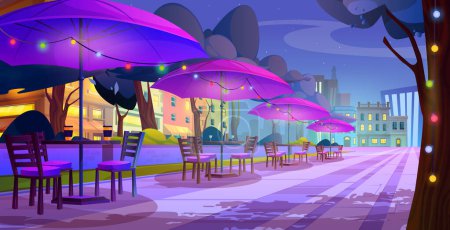 Nacht im Freien Straßencafé oder Restaurant Tischbereich Cartoon-Illustration. Draußen Cafeteria in der Abendstadt mit Girlanden Glühbirnen Vektor Hintergrund. Gebäude außen, Bürgersteig und Open-Air-Bistro