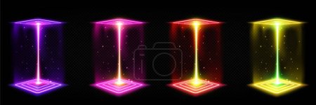 Ilustración de 3d holograma cuadrado neón juego portal de efectos de luz. Marco de escenario de cubo metaverso de tecnología para el concepto de teletransporte scifi en rosa, amarillo, púrpura y rojo. Interfaz vr abstracta vector hud mágico puerta - Imagen libre de derechos