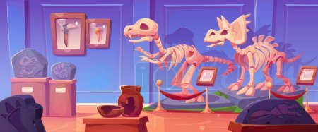Ilustración de Esqueleto de dinosaurio fósil en ilustración de dibujos animados del museo de historia. Hueso dino jurásico y huella rex exhiben en pedestal en galería con letrero. Descubrimiento prehistórico de triceratops y tiranosaurios - Imagen libre de derechos
