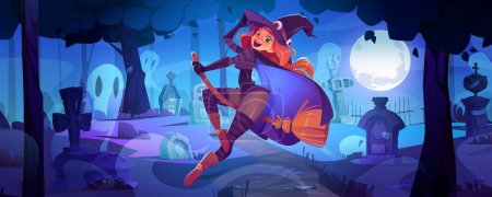 Illustration for Scary graveyard vector background with witch on broom. Spooky night magic halloween illustration with cute girl in wizard costume flying in forest cemetery landscape. Nightmare with moonlight, ghost - Royalty Free Image