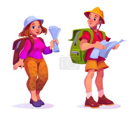 Travel tourist people character with backpack and map vector illustration. Happy man and girl couple in summer hike adventure tour. Young isolated hiker cartoon icon set. Friend in active vacation