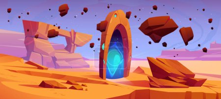 Fantasy game background with magic portal. Alien world or planet landscape of desert with teleport gates in stone arch, sand and flying rocks, vector cartoon illustration
