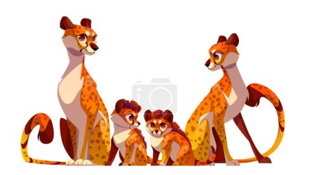 Cheetah cat family isolated vector illustration. Africa animal leopard adorable baby with adult mother and father cartoon. Exotic character game asset clipart with long tail and smile. Cub near mom