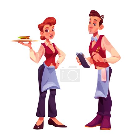 Illustration for Restaurant waiter character cartoon vector set. Kitchen service or catering hospitality worker in apron holding sandwich on plate and notepad. Man and woman employee team in uniform isolated design - Royalty Free Image