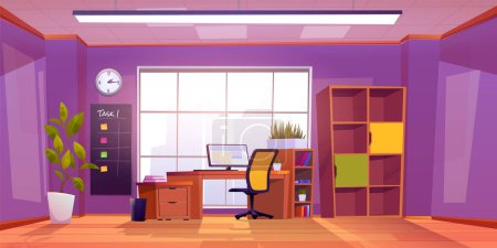 Illustration for Cabinet room interior with window at home vector background. Modern empty office with workplace cartoon illustration. Chair, table, computer monitor and shelf for corporate workspace environment - Royalty Free Image
