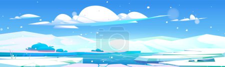Téléchargez les illustrations : Pôle Nord hiver glacier dessin animé paysage vecteur. La glace et la neige antarctique terre avec brisé et fissure trou sur la surface du sol. Figer la mer ou la rivière sauvage enneigée canada décor illustration conception - en licence libre de droit