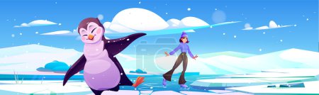Illustration for Girl ice skating and dancing penguin vector landscape. North Pole glacier scene with crack land illustration. freeze snowy scenery design with hole in floor. Cold northern background with crash land - Royalty Free Image