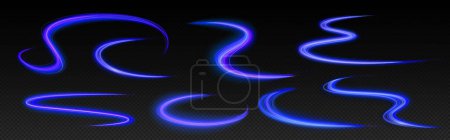 Realistische Reihe neonblauer Lichtlinien, isoliert auf transparentem Hintergrund. Vektor-Illustration abstrakter Verkehrsgeschwindigkeitslinien, magische Energie-Bewegungswirbel, glänzende Kurvenspur, leuchtender Strömungswirbel