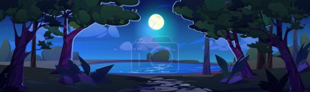Lake in forest and night starry sky cartoon landscape background. Fantasy vector halloween scenery at midnight with full moon, water in pond and tree. Wonderful midnight valley with light reflection