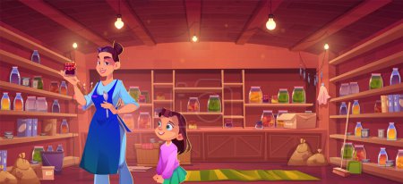 Illustration for Larder interior with woman and daughter holding jam jar cartoon background. Home storeroom with family preservation product storage. Kid together with woman in basement room location game scene - Royalty Free Image