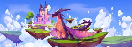 Fantasy castle and magic dragon floating on islands in sky. Vector cartoon illustration of fantastic reptile animal guarding dreamland with fairy tale fortress on pieces of land flying in clouds