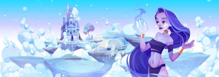 Reine d'hiver regardant château gelé sur l'île flottante. Illustration vectorielle de personnage de sorcière de peau bleue sur fond de forteresse médiévale volant sur des morceaux de terre enneigés dans des nuages froids