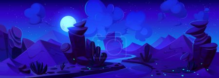 Ilustración de Paisaje nocturno desértico con río, dunas arenosas y cactus a orillas. Ilustración de dibujos animados vectoriales de fondo natural con piedras rocosas, luciérnagas de color verde neón que brillan en la oscuridad, luna llena en el cielo - Imagen libre de derechos