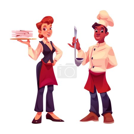 Photo for Cartoon waitress and male cook characters isolated on white background. Vector illustration of female servant with dirty dishes on tray, chef in uniform with ladle in hand. Restaurant personnel - Royalty Free Image