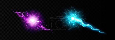 Illustration for Electric lightning energy ball discharge vector. Thunder circle explosion with plasma shock transparent realistic neon 3d element. Magic power spell with thunderball hit. Burst in blue and purple - Royalty Free Image