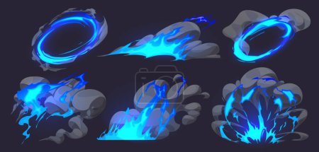 Comic effects with fire and smoke clouds of bomb blast, magic spell, explosion. 2d game vfx elements of burst with blue flame and smoke isolated on background, vector cartoon illustration