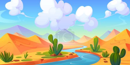 Ilustración de Paisaje fluvial desértico con dunas arenosas y cactus a orillas. Dibujos animados vectoriales ilustración de fondo natural con vegetación exótica, siluetas de pirámides egipcias en el horizonte, nubes en el cielo soleado - Imagen libre de derechos