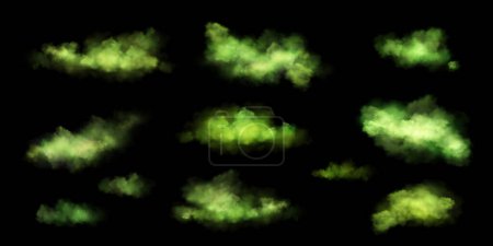 Giftige Wolke mit grünem Gift Gestank Rauch Nebeleffekt eingestellt. Böser Furzgeruch, realistischer Vektor schwebender Nebel. 3D-Darstellung von Halloween-Dämpfen isoliert auf schwarzem Hintergrund. Abstraktes Spray mit Trank