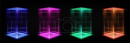 Conjunto de portales de holograma cuadrados con efecto de luz de color. Ilustración realista vectorial de podios futuristas con rayos láser brillantes, telepuertos de color neón aislados sobre fondo transparente