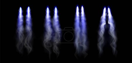 Téléchargez les illustrations : Blue fire jet launch smoke trail vector effect. Texture nuage de vitesse de fusée 3d avec flamme isolée. Feu d'artifice réaliste au décollage avec conduite de vapeur réglée. Augmentation de la condensation de l'avion dans le ciel - en licence libre de droit