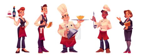 Chef de restaurante, cocinero y camarero. Trabajadores de la cocina personajes en delantal y sombrero jefe, personal profesional de la cafetería, camarera y gerente con menú, ilustración de dibujos animados vectoriales