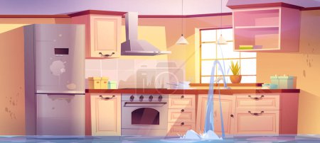 Illustration for Flooded kitchen with water leaking from damaged faucet. Vector cartoon illustration of messy dining room with wet furniture, sewage flow from old clogged pipe, dirty dishes near sink, mold on wall - Royalty Free Image
