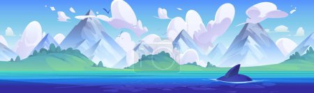 Dolphin fin in sea near island and mountain vector background. Blue ocean water on beautiful summer illustration. Cartoon horizontal outdoor adventure panoramic nature seascape with fish for game.