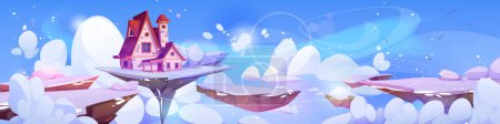 Cozy old house floating on magic winter island in sky. Vector cartoon illustration of fairytale cottage flying on white land covered with ice and snow, snowflakes in blue sky, game level platform