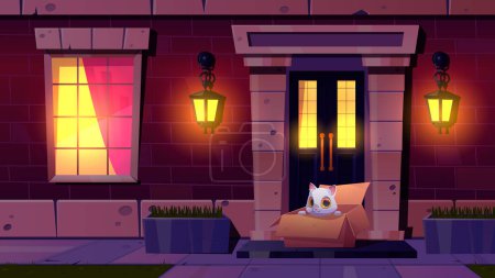 Obdachlose Katze sitzt nachts im Karton auf der Veranda des Hauses. Vector Cartoon Illustration von niedlichen flauschigen weißen Kätzchen wartet neuen Meister in der Nähe der Haustür, Abendlicht in den Fenstern. Tieradoptionen