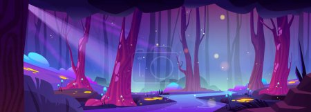 Illustration for Fairytale night forest with river, yellow fireflies and neon mushrooms glowing in darkness. Vector cartoon illustration of water flowing in dark woodland, moonlight beams, magic lights flying in air - Royalty Free Image