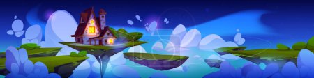 Fantasy house floating on magic island in night sky. Vector cartoon illustration of fairytale cottage with light in windows flying on land surrounded by stars and fluffy clouds, game level platform