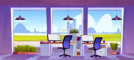 Ilustración de Empresa interior de oficina con muebles y vistas de rascacielos urbanos en grandes ventanales. Vector ilustración de dibujos animados de la habitación con ordenadores portátiles y carpetas en escritorios, sillas, lámparas. Espacio de trabajo empresarial - Imagen libre de derechos
