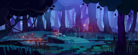 Night jungle forest swamp with firefly background. Fantasy lake landscape with duckweed and marsh. Spooky halloween nature scene with moonlight beam, foliage tree silhouette and wine in evening.