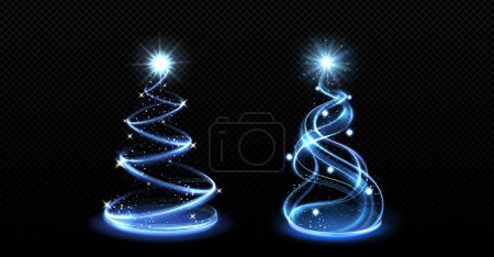 Blue light Christmas tree vector with star sparkle. Merry Xmas magic glow decoration with glitter shine and holiday ornament design isolated on black background. Modern string shiny graphic concept