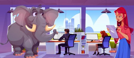 Illustration for Business people working on computers, elefant in middle of company office. Vector cartoon illustration of employees busy with project, concept of ignoring problem, not noticing unpleasant situation - Royalty Free Image