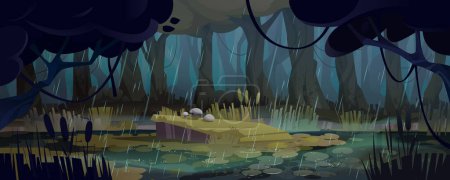 Marais de forêt de jungle avec fond vectoriel de pluie. Étang ou lac dans une forêt profonde fantasmagorique illustration de paysage de dessin animé halloween. Fantastique zone humide avec des paysages de nenuphar et des plantes marécageuses dans l'eau.
